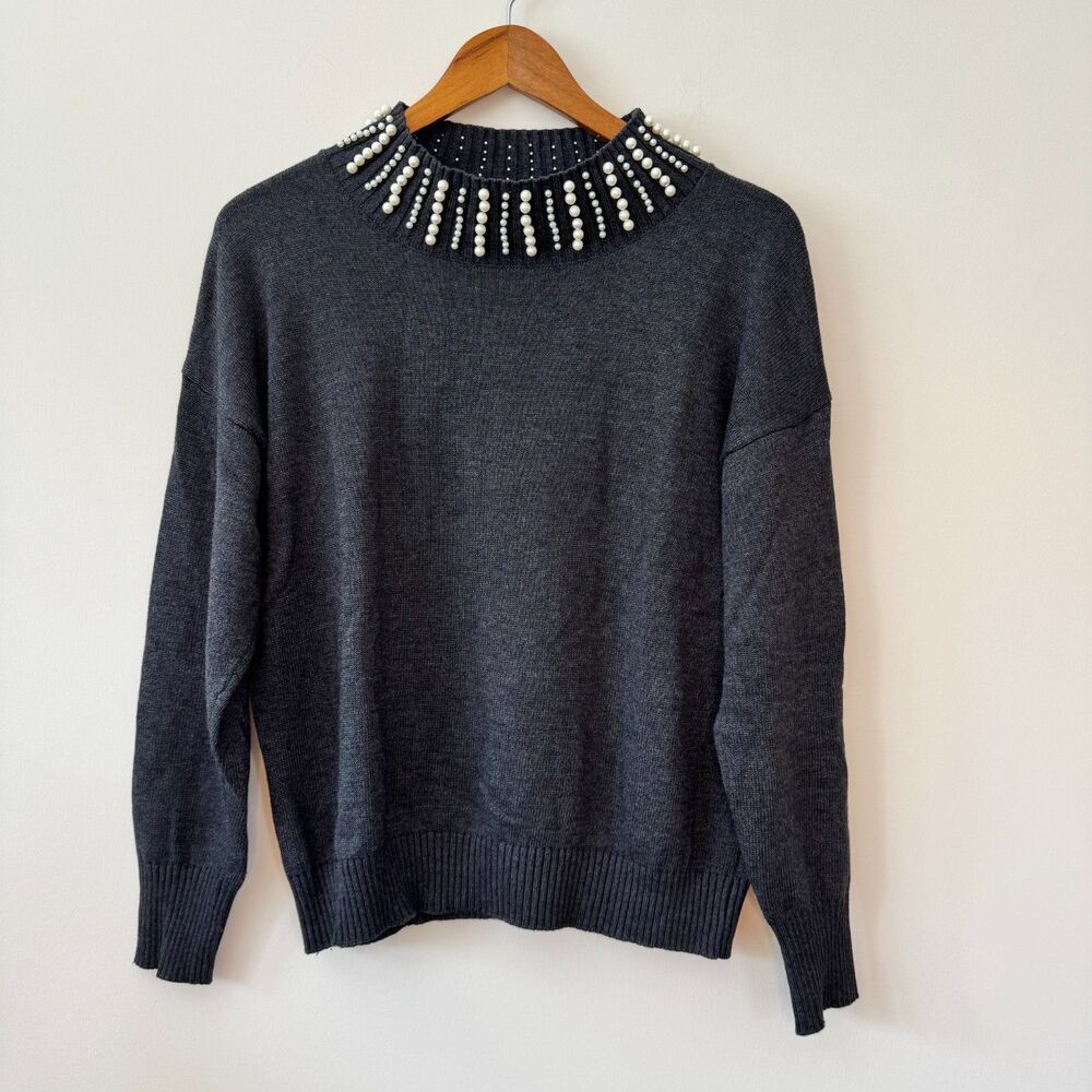 Aqua Embellished Grey Mock-Neck Sweater Size Medium